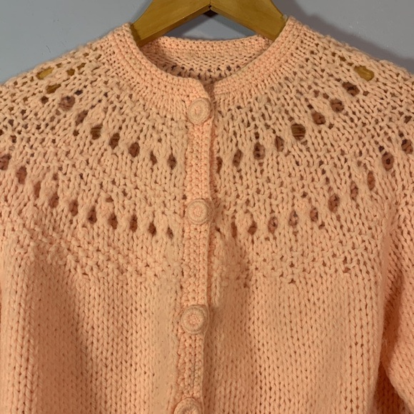 Hand knit crocheted light baby pink cardigan covered buttons homemade size 8-9 - Picture 2 of 6